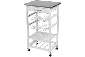 URBNLIVING Carrito de cocina rodante de madera blanca y metal con cajones de almacenamiento para verduras