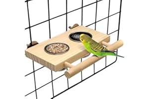 Kathson Vogelfutter Edelstahl Tassen Holz Sitzstange Stand Hanging Feeder Schalen Fütterung und Tränken Zubehör für Sittiche Sittiche Wellensittiche Papagei