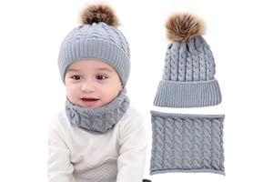 CheChury Conjunto de Bufanda y Gorro de Punto Unisex Niños Niñas Invierno cálido Punto Beanie Gorros con Pompon Bufanda de Punto Cuello Redondo Bebé