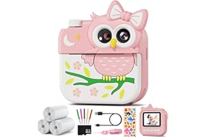 Macchina Fotografica Bambini Istantanea, Kaishengyuan 2.4" HD Fotocamera Digitale Bambini con 32GB Scheda SD e Carta da Stampa, per Bambini dai 3-12 Anni Regalo(Gufo Rosa)