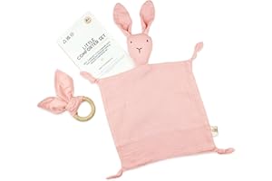 Little Giggles Co.® Bunny Baby Comforter - Soft Cotton Muslin Comforter Security Blanket & Sensory Toy in Pretty Pink - Newborn Baby Girl Gift
