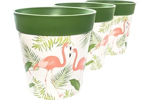 Hum Flowerpots, 22 cm, Lot de 3, Divers Motifs, Coloris et Tailles, Pots de Fleurs en Plastique Intérieur/Extérieur, Flamant Rose Vert
