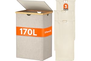Lifewit 170L Grande Cesto Ropa Sucia con Tapa de Bambú, Cesta Ropa Sucia con Asas, Cubo Ropa Sucia Plegable con 3 Secciones y Bolsa Lavable Extraíble, Laundry Basket para Baño, Lavadero, Beige