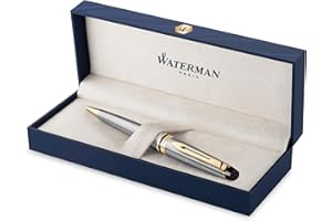 Waterman Expert stylo bille - acier inoxydable avec attributs dorés à l'or fin 23 k - pointe moyenne - encre bleue - coffret cadeau