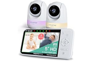 Babysense Prisma Babyphone Vidéo HD 5" avec 2 Caméras et Audio, Veilleuse 6 Couleurs, Écran Partagé, Machine de Son pour Bébé avec Bruit Blanc et Berceuses, Connexion sans Wi-FI Sécurisée