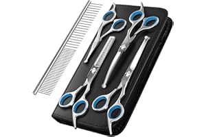 Pawaboo [ 5 PZS Tijeras de Acero Inoxidable, Tijeras para Mascota Profesionales y Agudas con Caja de Almacenamiento y Almohadilla de Silicona, Cortan Pelos para Perros Gatos y Conejos - Azul