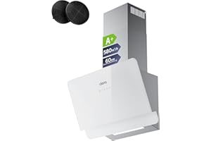 CIARRA CBCS6765C Hotte Inclinée Murale 60cm Classe A+ 580m³/h avec Filtre à Charbon CBCF055, 3 Vitesses, Écran Tactile, Évacuation & Recyclage, Verre et Inox -Blanche