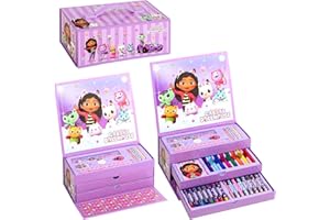 CERDÁ LIFE'S LITTLE MOMENTS Gabby's Dollhouse Kids 34pc Colouring Art Stationery Set with Watercolour Felt Tip Pens Crayons and Pencils Travel Set for Children