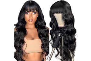 ALIPOP Perruque femme naturelle brésilienne avec frange 2x4 lace wig human hair wig with bangs body wave perruque bresilienne noire longue 100% perruque cheveux humain 150% densité 24inch(60cm)