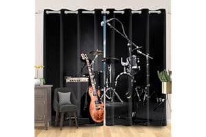 SDOTPMT 168x229cm Akustisch Gitarre Fenstervorhang Gitarre Trommel Pop Musical Instrumente Fenstervorhänge Liebesmusik Schwarz Blickdichte Vorhänge für Wohnzimmer Verdunkelung Vorhänge, 2 Stücke