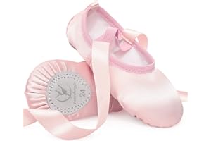 TANZDUNSJE Scarpette da Danza Classica Raso Scarpe da Ballerina con Suola Divisa in Nastro per Bambina Donna Rosa Beige Chiaro Taglia 24-40
