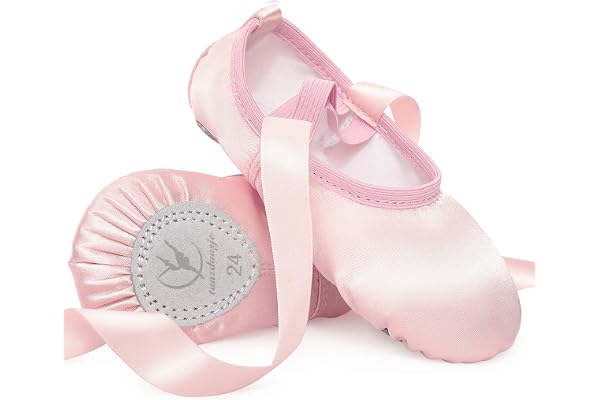 Balettskor i satin, rosa balettskor med band, balett, platt läder, delad sula för flickor och kvinnor
