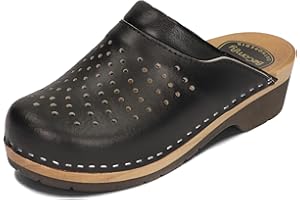 BeComfy Sabots en Cuir pour Femmes avec Semelle en Bois Noir Bleu 35-41 EU