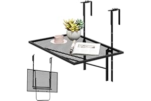 SFAREST Folding Hanging Table, Balcony Railing Side Table with 5-Level Adjustable Height, Portable Deck Table for Garden Porch Backyard