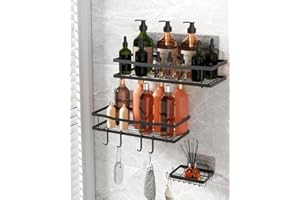 GOOPOOL Estantería Ducha Sin Taladro, Estantería Baño 3 Piezas, Organizador De Estante De Baño Adhesivo con Porta Jabón Y 6 Ganchos, Montaje En Pared Resistente Al Óxido Negro