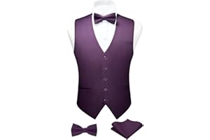 FAIMO Mens Waistcoat Solid Color Waistcoat with Bowtie Pocket Square Set Wedding Party Formal Vest Suit Set XS-4XL