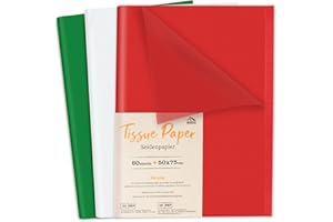 Anstore 60 Feuilles de Papier de Soie Multicolore, 50 x 75cm, Rouge Vert Blanc, Pour Sacs Cadeaux, Travaux Manuels, Anniversaire, Mariage, Noël