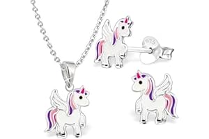Goldene Hufeisen Mini klein Einhorn Kinder Schmuckset 925 Sterling Silber Mädchen Halskette Ohrringe Pferde Pegasus