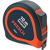 Presch Bandmaß 10m - Robustes Profi Maßband vernietet mit Gürtelklemme und Aufrollsystem - Rollmeter 10m mit Feststeller