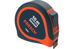 Presch Bandmaß 10m - Robustes Profi Maßband vernietet mit Gürtelklemme und Aufrollsystem - Rollmeter 10m mit Feststeller