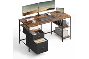 ‎VASAGLE VASAGLE Biurko komputerowe, stół biurowy, biurko, z 3 półkami, 2 szufladami, 140 x 60 cm, do biura, salonu, w stylu industrialnym, vintage brązowo-czarny LWD104B01