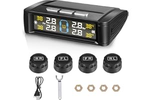 HuuppHip Tyre Pressure Monitoring System TPMS Solar Wireless Tyre Pressure Monitor with 4 External Sensors,Solar/USB Charging, 0-5 Bar/72 PSI Range, Universal Fit for Cars, SUVs, Trailers, Vans