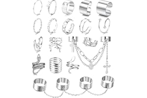 JeryWe 18PCS Gothic Knuckle Chain Rings Set for Women Men Stackable Rings Y2K Black Silver Open Cuff Rings Adjustable Punk Gothic Jewellery Gifts