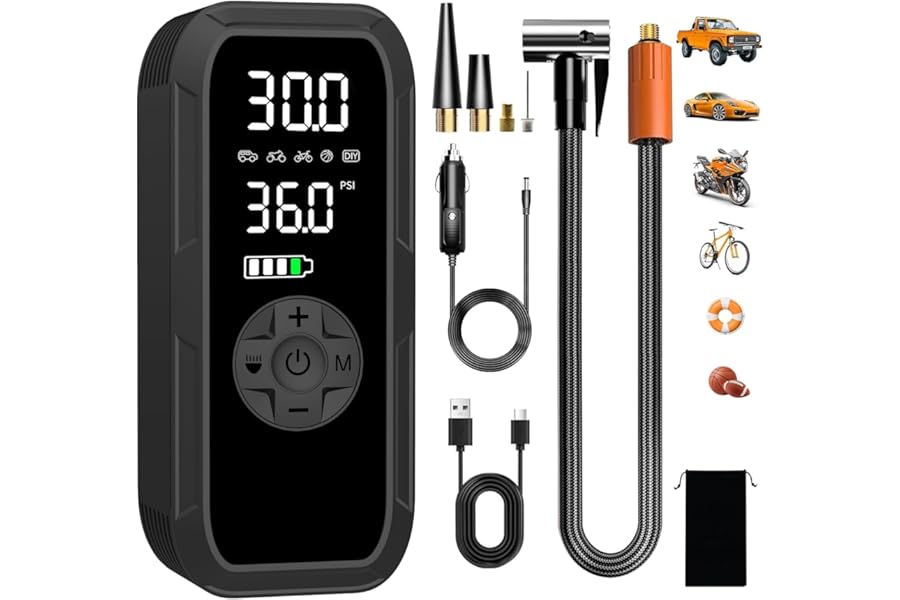 Vulisox Corded/Cordless Tyre Inflator Portable Air Compressor, 6000 mAh 150PSI 12V DC Electric Tyre Pump with LED Lights, Auto Shut-Off, Rechargeable as Power Bank, for Car, Bike, Motorbike, Ball