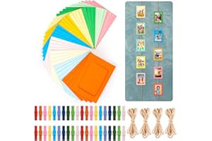 Heqishun Cornice di Carta per Foto 40 Pezzi + Mini Clip 40 Pezzi + 4 Corde per Appendere, Cornice per Foto Colorata in Carta Kraft per Decorazione Domestica, Dell'aula e di Cerimonia Nuziale