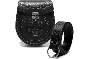 RZXCFPL Viking Relief Bältespåse, Nordisk Runa Yggdrasil/Livets Träd PU Läderbä , Medeltida Cosplay Present,Black bag & bel