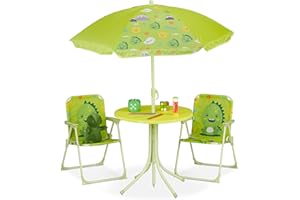 Relaxdays Mobiliario Infantil para Jardín, Sombrilla de Playa, Sillas Plegables, Mesa para Niños, Monstruo, Verde