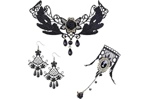 LOLIAS 4 Pcs Collier Dentelle Noire avec Bracelet Pendentif Boucles d'oreilles Gothique Costume Vintage pour Femmes Halloween Vampire Vapeur Punk Fête Mariage Mascara Costume Bijoux