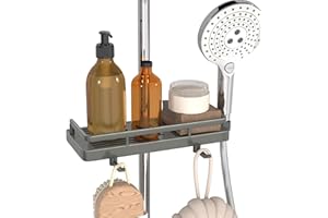 GOOPOOL Mensola Doccia Senza Foratura Portasapone Doccia, Supporto per Accessori da Bagno con 2 Ganci 1 Supporto per Doccia, Adatto per Aste da Doccia 18mm-25mm Grigio