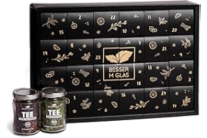 ‎BESSER IM GLAS Besser im Glas Bio Tee Adventskalender 2025 | 24 Gourmet Teesorten nachhaltig verpackt | natürlich süß, vegan, ohne Zucker & ohne Kalorien | Tee Geschenk | Zitronentee, Früchtetee & Kräutertee lose