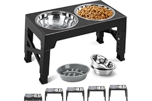 TUAHOO Raised Dog Bowl with Stand- 5 Height Adjustable, Elevated Dog Bowls with Slow Feeder and 2 Stainless Steel Dishes, Pet Feeding Station for Small Medium Large Dogs