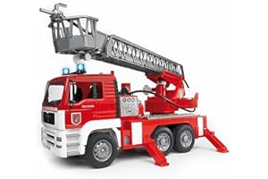 ‎BRUDER bruder 02771 - Man TGA Feuerwehr mit Drehleiter, Wasserpumpe & Light & Sound Modul - 1:16 Einsatzfahrzeug, Feuerwehrauto, Notruf, Löschfahrzeug, Spielzeug