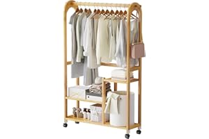 Yumyolk Perchero Burro Ropa, Perchero con Ruedas, Perchero de Pie Madera, Burro Ropa Madera, Perchero Madera, 100x28x172 cm, Perchero Sobre Ruedas de Bambú, Color de Madera