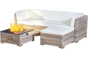 Aweather 5 Pieces Rattan Garden Furniture Set Modular Outdoor Corner Sofa Set with Convertible Fire Pit Table - CSA Certified All-Weather PE Rattan Sectional Sofa, Cushions Included, Grey/Cream