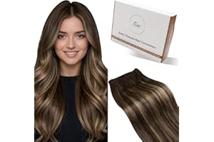 Hetto Sew in Hair Extensions Real Human Hair Balayage Weft Hair Extensions Dark Brown Mix Caramel Blonde Double Weft 18 Inch 100g/Pack #4/27/4