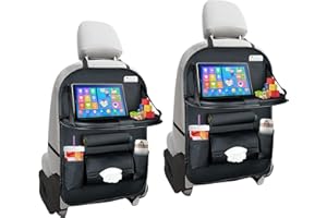 Akamino 2 Pack Car Backseat Organize, PU Leather Car Seat Back Organiser with Foldable Tray Table and Multi Pockets for Travel, Parents Drivers, Kids Toys Food Storage
