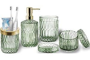 RUNQIN OUTDOOR RUNQIN Seifenspender Zahnputzbecher Set, 5 Badezimmer Set mit Zahnbürstenhalter, Zahnputzbecher,Seifenschale,Seifenspender,Wattestäbchen Gläser, Bad ZubehöR Set für Edle Badezimmer Deko in Grünes Glas