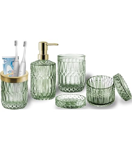 FEILANDUO Badezimmer-Set Aus Glas & Metall – 4-teilig Mit Seifenspender, Becher, Zahnbürstenhalter & Stäbchenglas In Grün