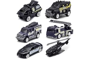 TCVENTS 6 Pack Diecast Police Car Toy Truck Playset, Alloy Metal Police Car Toys for 3 Year Old Boys, Mini Toy Cars City Rescue Vehicles for Kids Age 4 5 6 7 Years