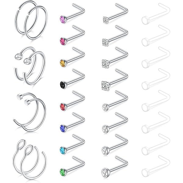 D.Bella Neuspiercing 18G L-vorm neusringen 316L chirurgisch staal neuspiercing oorstekers met zirconia neus Nostril piercing steker zilver roségoud kleur, 8 mm / 10 mm / 12 mm, Metaal, cz
