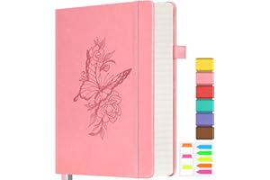 OFFIGIFT Lined Notebook Journal for Women, 312 Numbered Pages A5 Thick Leather Journal, 100gsm Paper Daily Journal for Work Travel, Hardcover College Ruled Notebook, Giftable Butterfly Floral Notebook, Pink