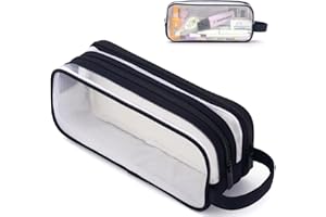 MAMUNU Clear Pencil Case for Exams, Large Capacity Transparent Mesh Pencil Case with 2 Compartments Zipper, Big Pen Pouch Bag Stationery Storage Organizer for School College Home Office Travel (Black)