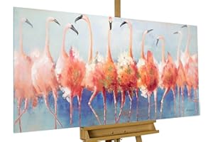 KunstLoft Leinwandbild | 100% HANDGEMALT | 140x70cm | Gemälde 'Tango Twist der Flamingos' | Flamingo | Rosa Blau | Wandbild Wohnzimmer