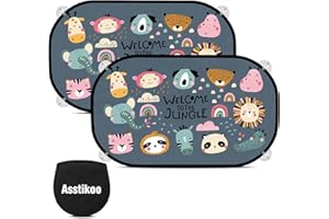 Asstikoo Car Window Shades for Baby with UV Protection, Car Sun Shades for Kids, Sun Visor Cars Baby, Side Window Sunshades with Cute Animal Motifs, 51 * 31 cm, Set of 2