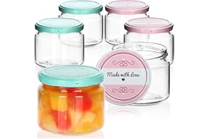 com-four® 6x bocaux Mason avec couvercles à vis Made with love en vert et rose - TO Ø 82 mm - capacité recommandée environ 260 ml - jusqu'au bord du verre : environ 330 ml
