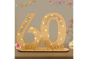 Seutgjie 2024 Geldgeschenke Geburtstag 60 Geburtstagszahlen Holz Schild Gästebuch mit LED Lichterkette Ständer und Kerzenhalter für 60 Jahre Mann Frau für Hochzeit Jubiläum Tischdeko 1964-2024